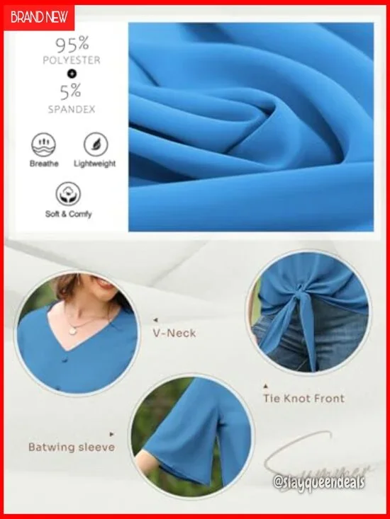 Casual V-Neck Batwing Sleeve Chiffon Blouse Tie Front Button Down - Picture 4 of 4